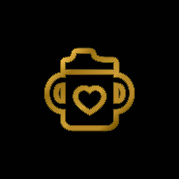 Baby Bottle With A Heart gold plated metalic icon or logo vector