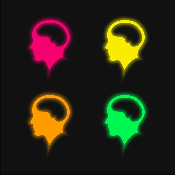 Brain Inside Human Head four color glowing neon vector icon