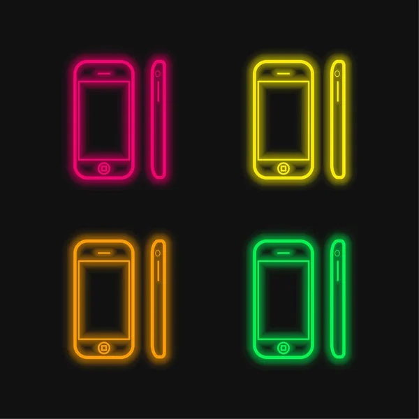 Apple Iphone Mobile Tool Вид Спереди Сбоку Четырехцветная Неоновая Векторная — стоковый вектор
