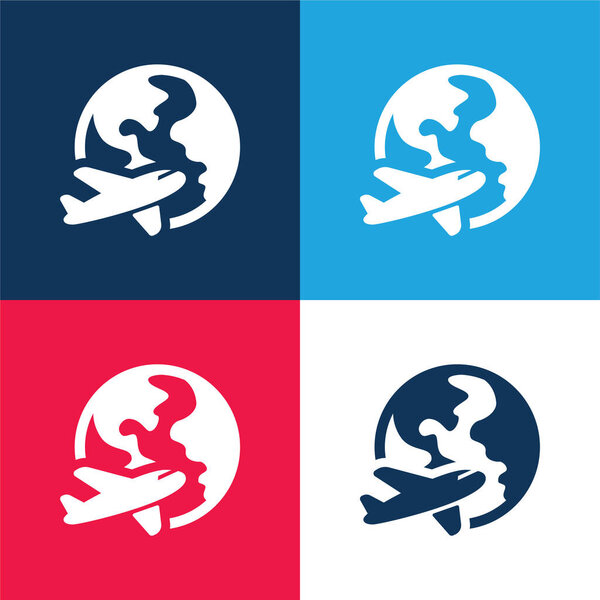 Самолет Вокруг Земли синий и красный четыре цвета минимальный набор значков