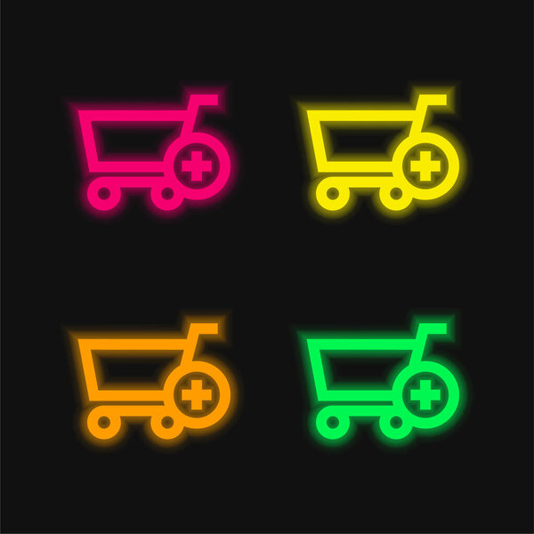 Add To Shopping Cart E Commerce Button four color glowing neon vector icon