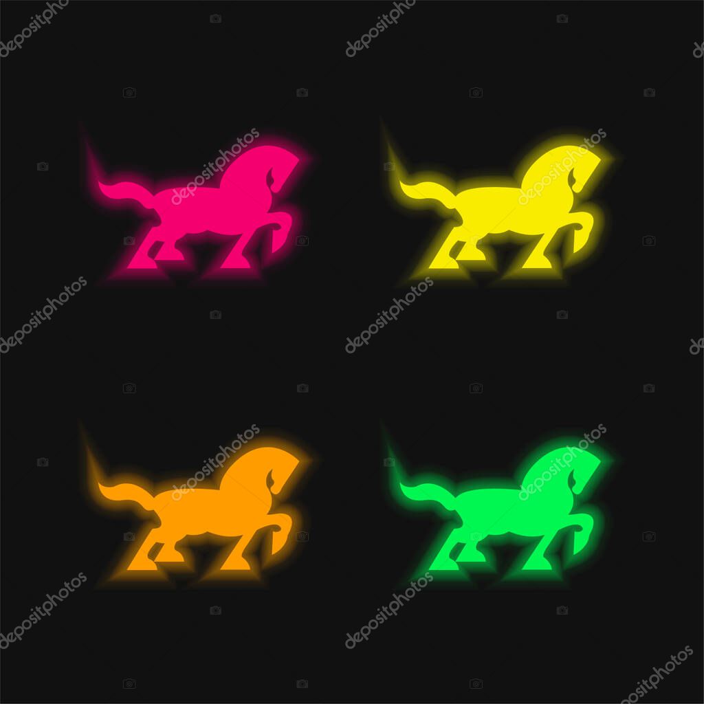 Big Black Horse Walking Side Silhouette With Tail And One Foot Up four color glowing neon vector icon
