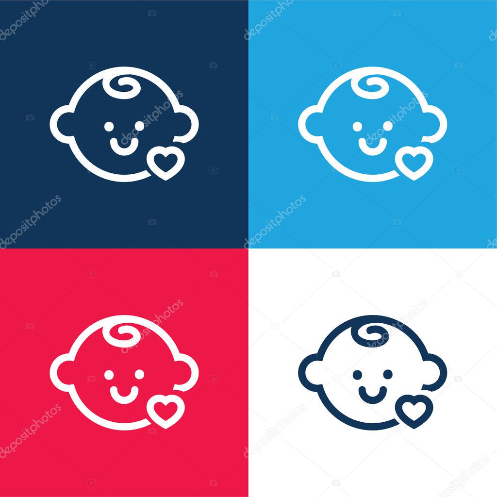Baby Head With A Small Heart Outline blue and red four color minimal icon set