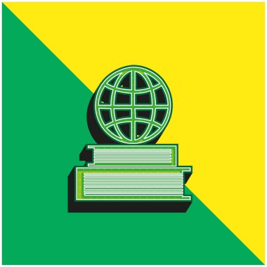 Kitap ve Dünya Izgarası Üst Yeşil ve Sarı 3D vektör simgesi üzerine