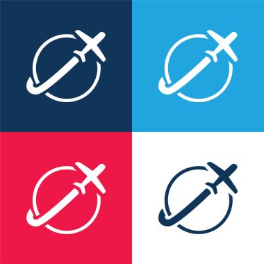 Airplane Travelling Around Earth blue and red four color minimal icon set clipart