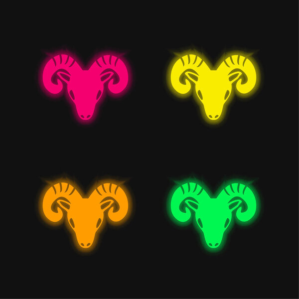 Aries Zodiac Symbol Of Frontal Goat Head four color glowing neon vector icon