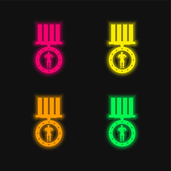 Bodybuilding Medal Variant four color glowing neon vector icon