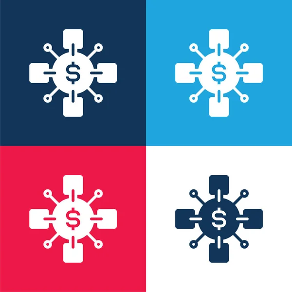 Blockchain Blue Red Four Color Minimal Icon Set — Stock Vector