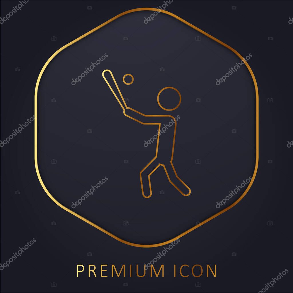 Baseball Player With Bat Hitting The Ball golden line premium logo or icon