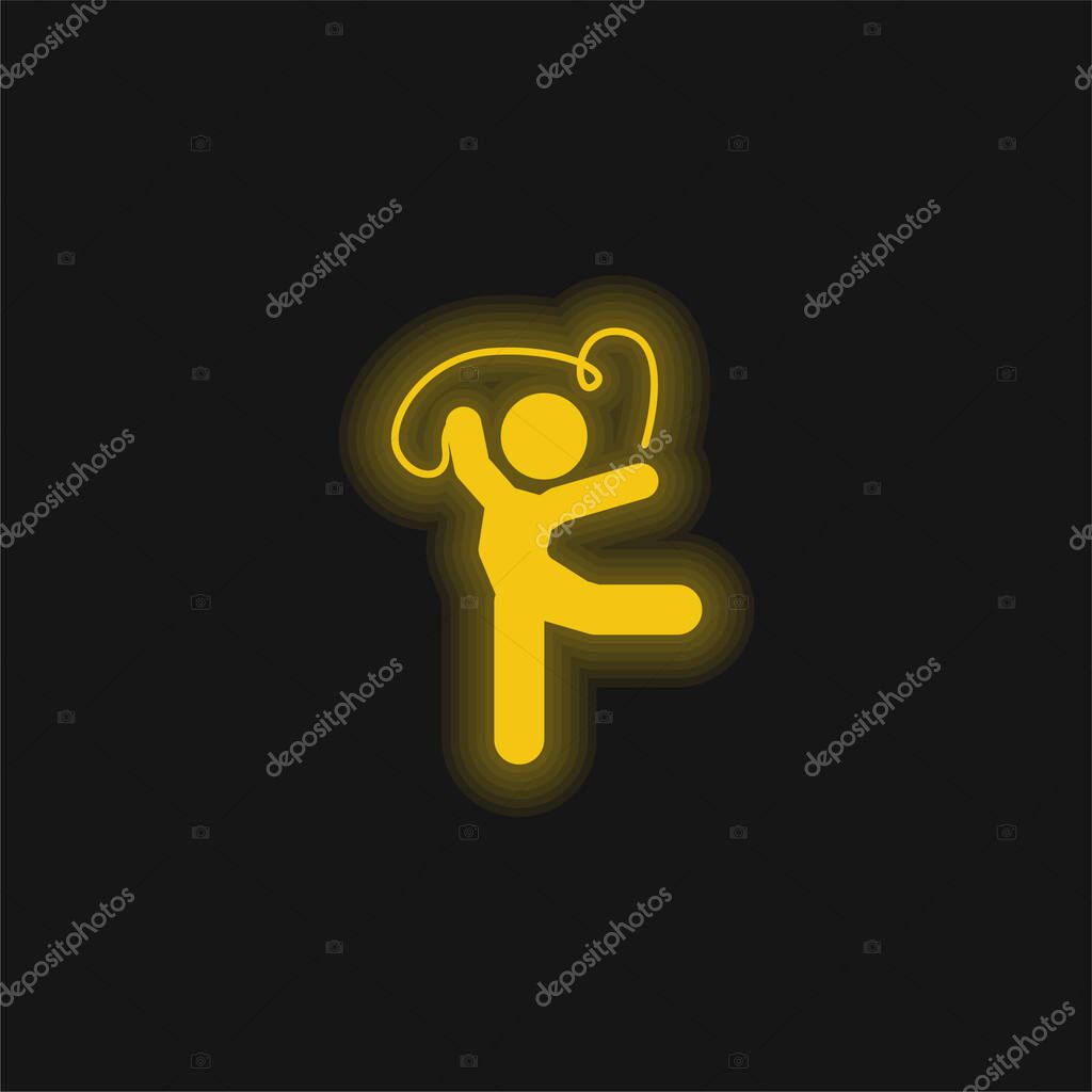 Artistic Gymnast Posture With Ribbon yellow glowing neon icon
