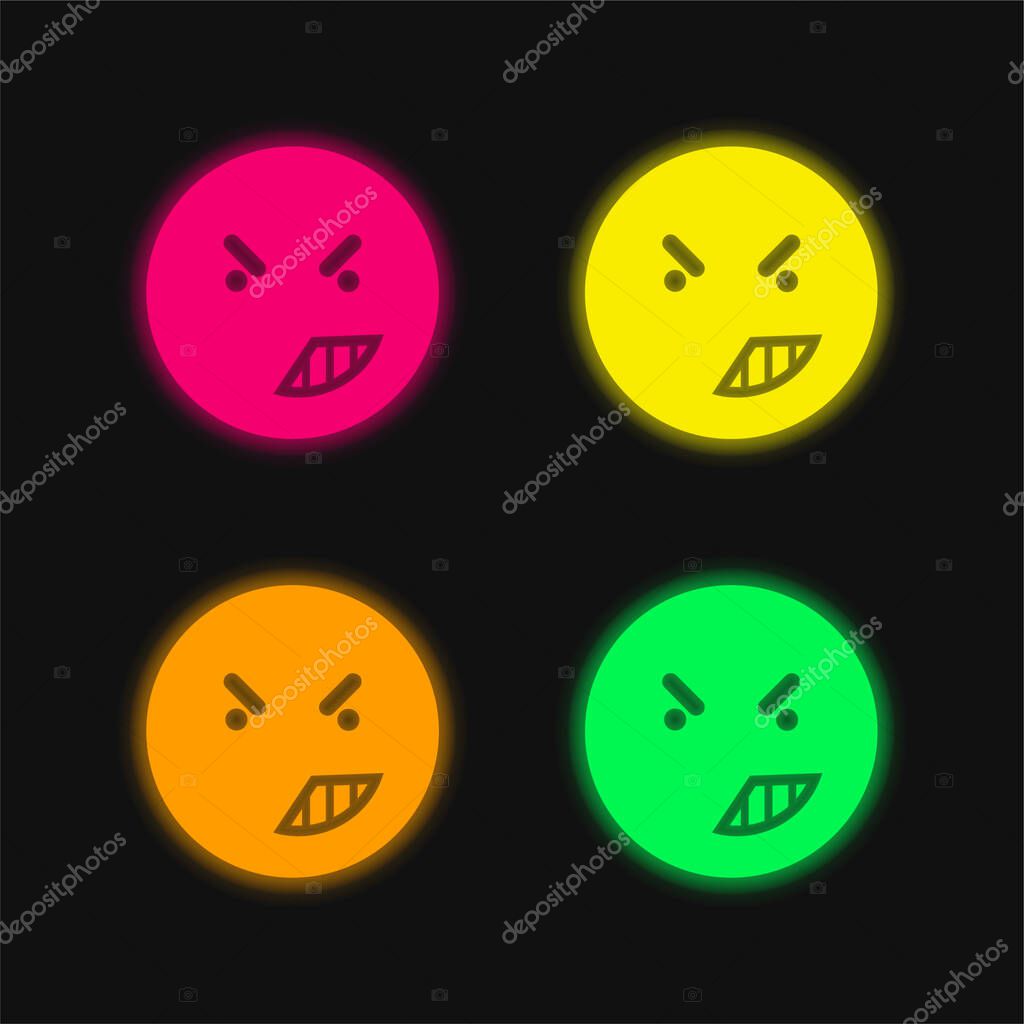 Anger On Emoticon Face Of Rounded Square Outline four color glowing neon vector icon
