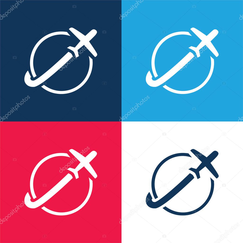 Airplane Travelling Around Earth blue and red four color minimal icon set