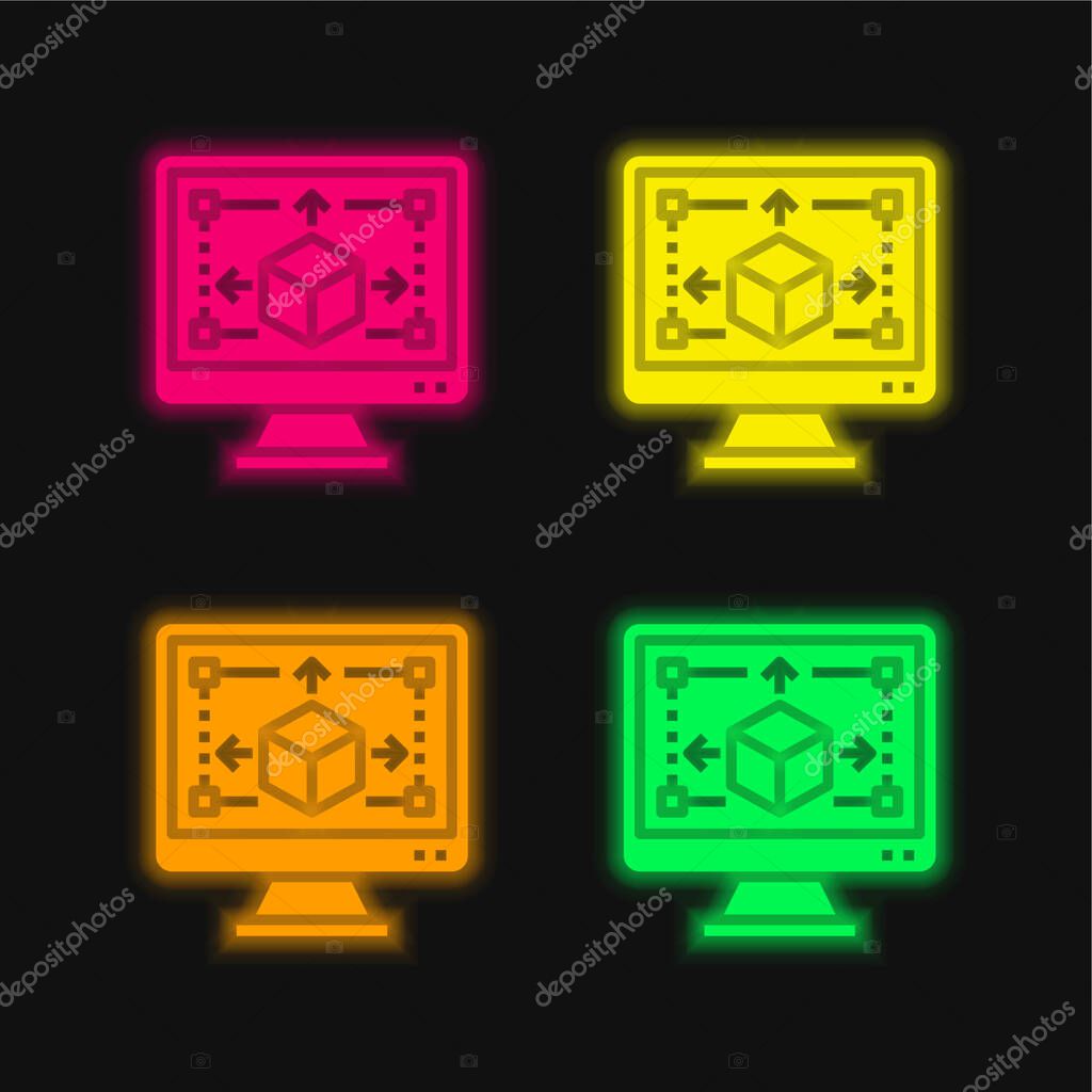 3d Modeling four color glowing neon vector icon