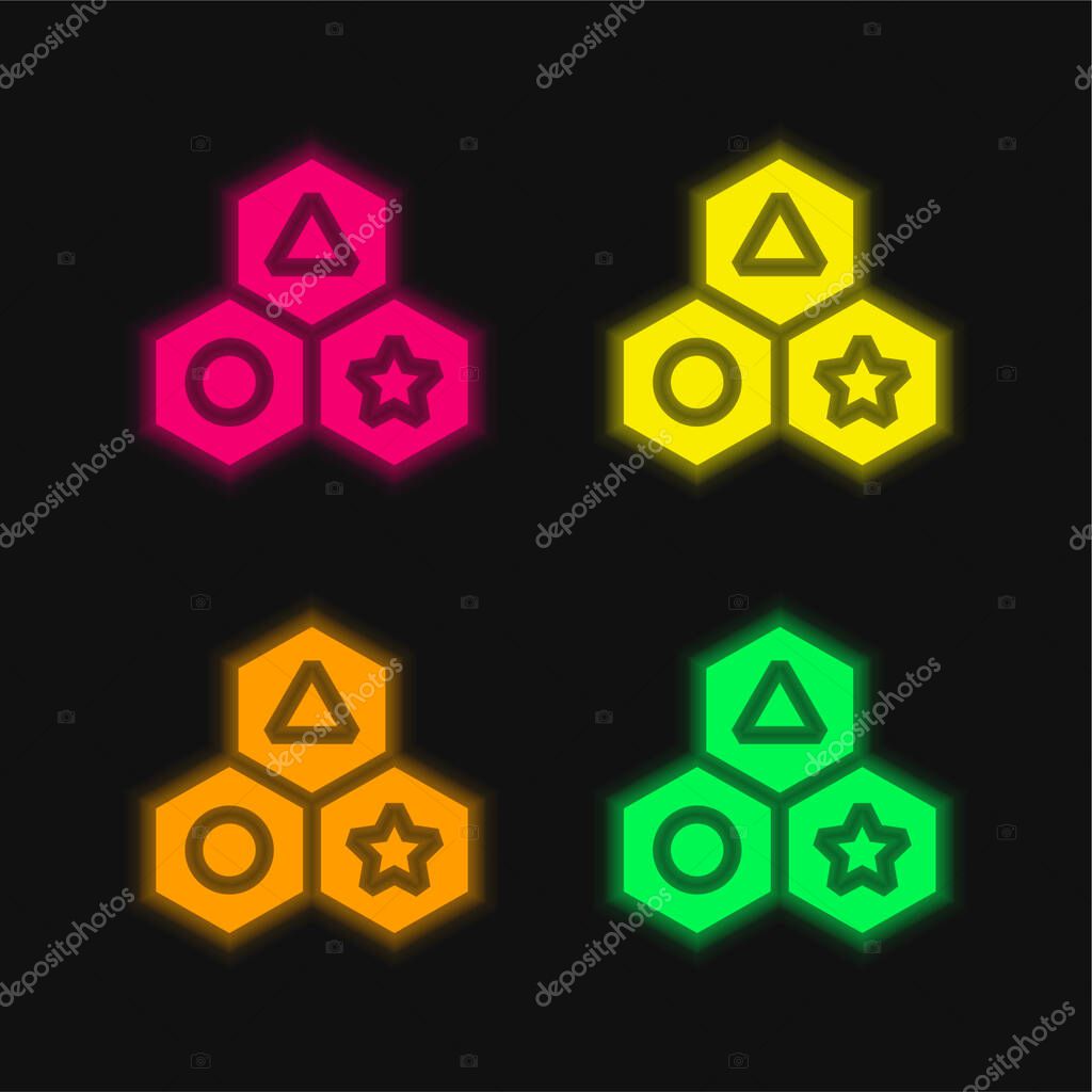 Blocks four color glowing neon vector icon