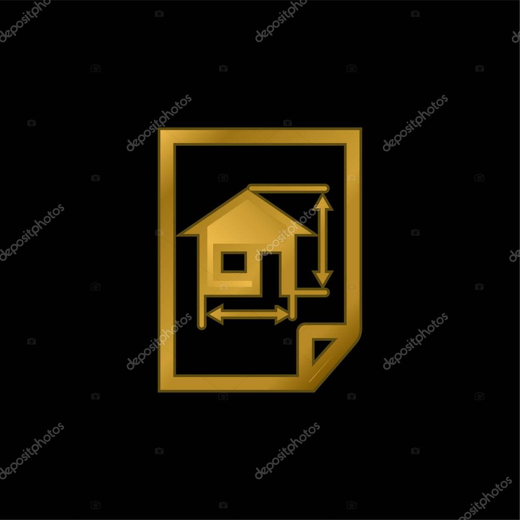 Architecture Draw Of A House On A Paper gold plated metalic icon or logo vector