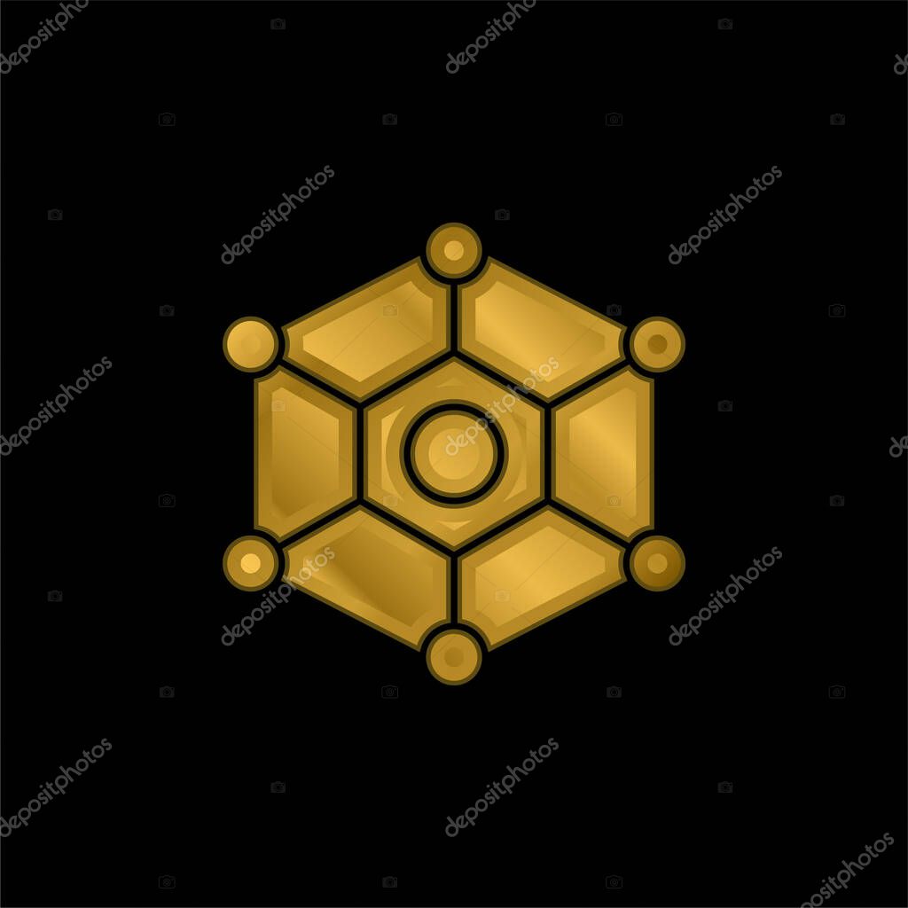 Atom gold plated metalic icon or logo vector