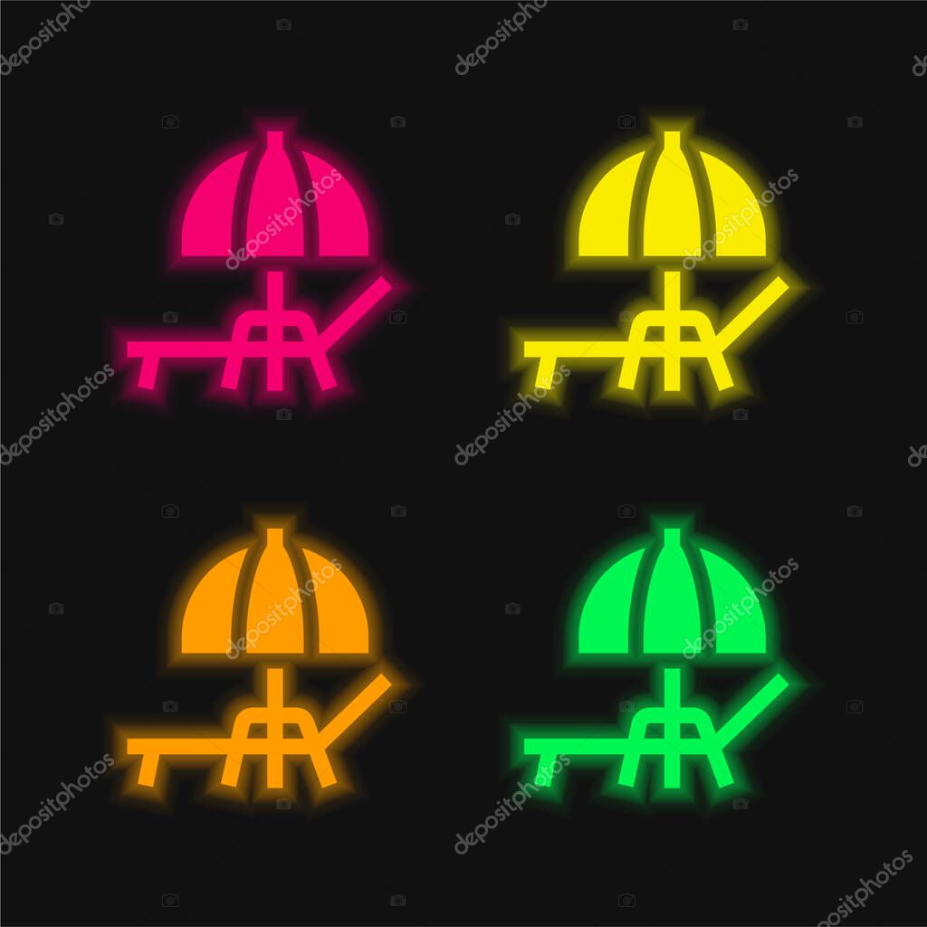 Beach Umbrella four color glowing neon vector icon