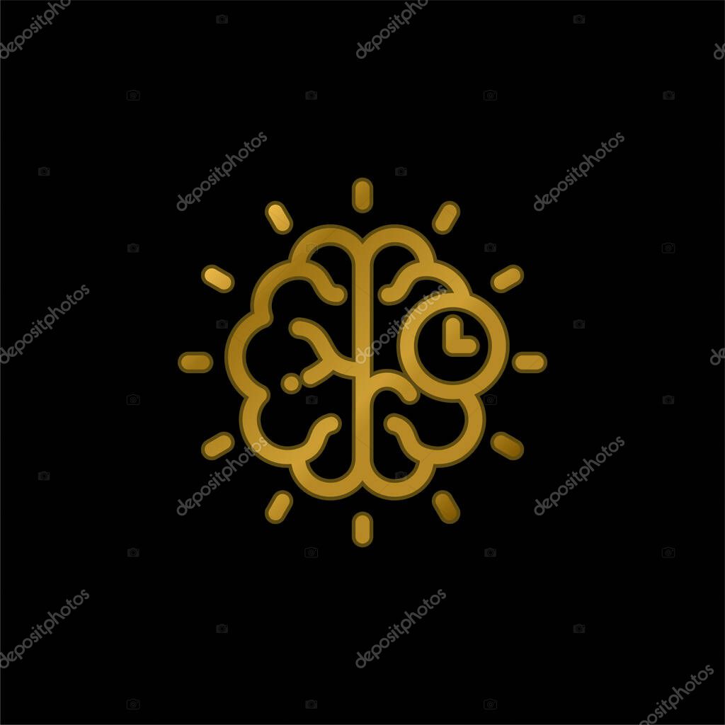 Brain gold plated metalic icon or logo vector