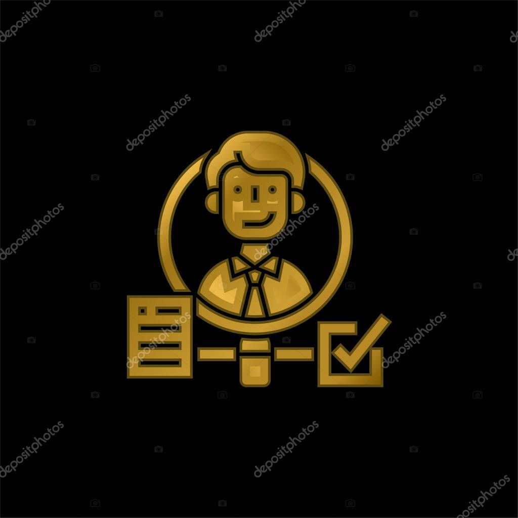 Background Check gold plated metalic icon or logo vector