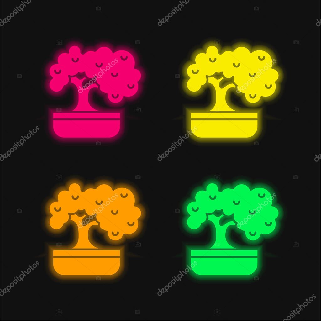Bonsai four color glowing neon vector icon