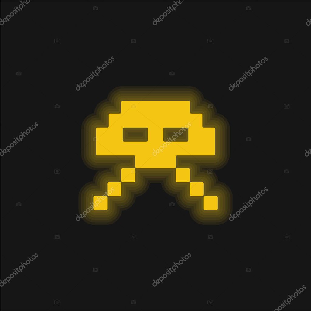 Alien Ufo Pixelated Game Shape yellow glowing neon icon