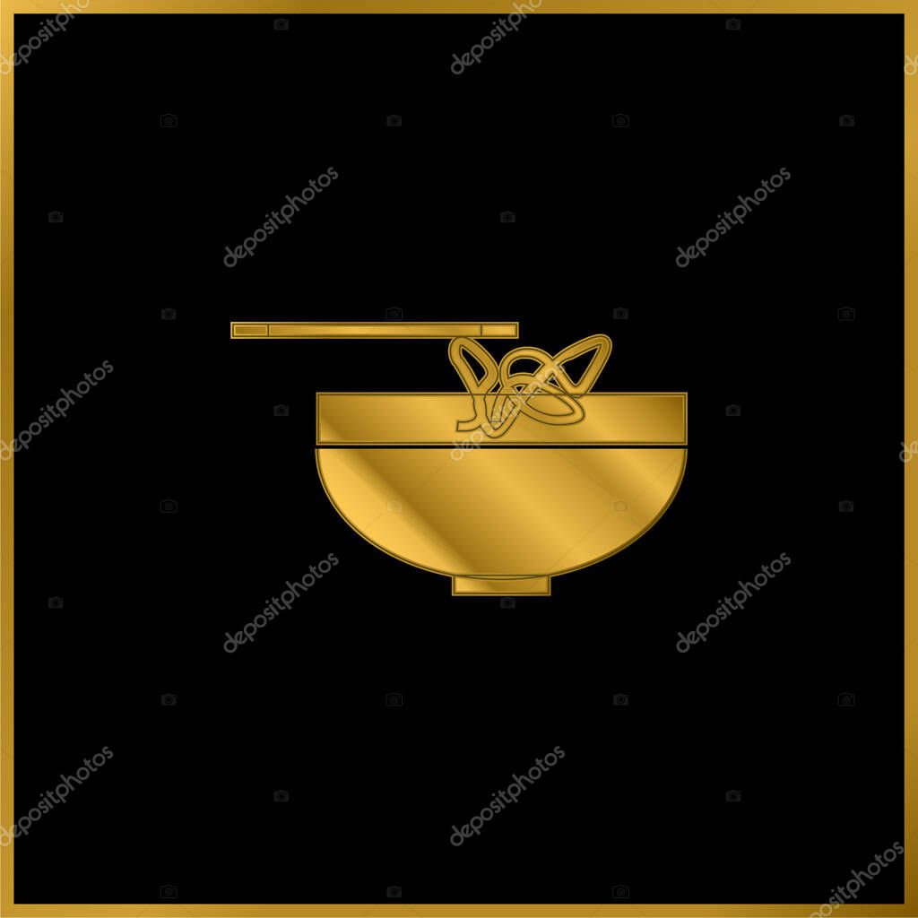 Bowl With Chinese Noodles gold plated metalic icon or logo vector