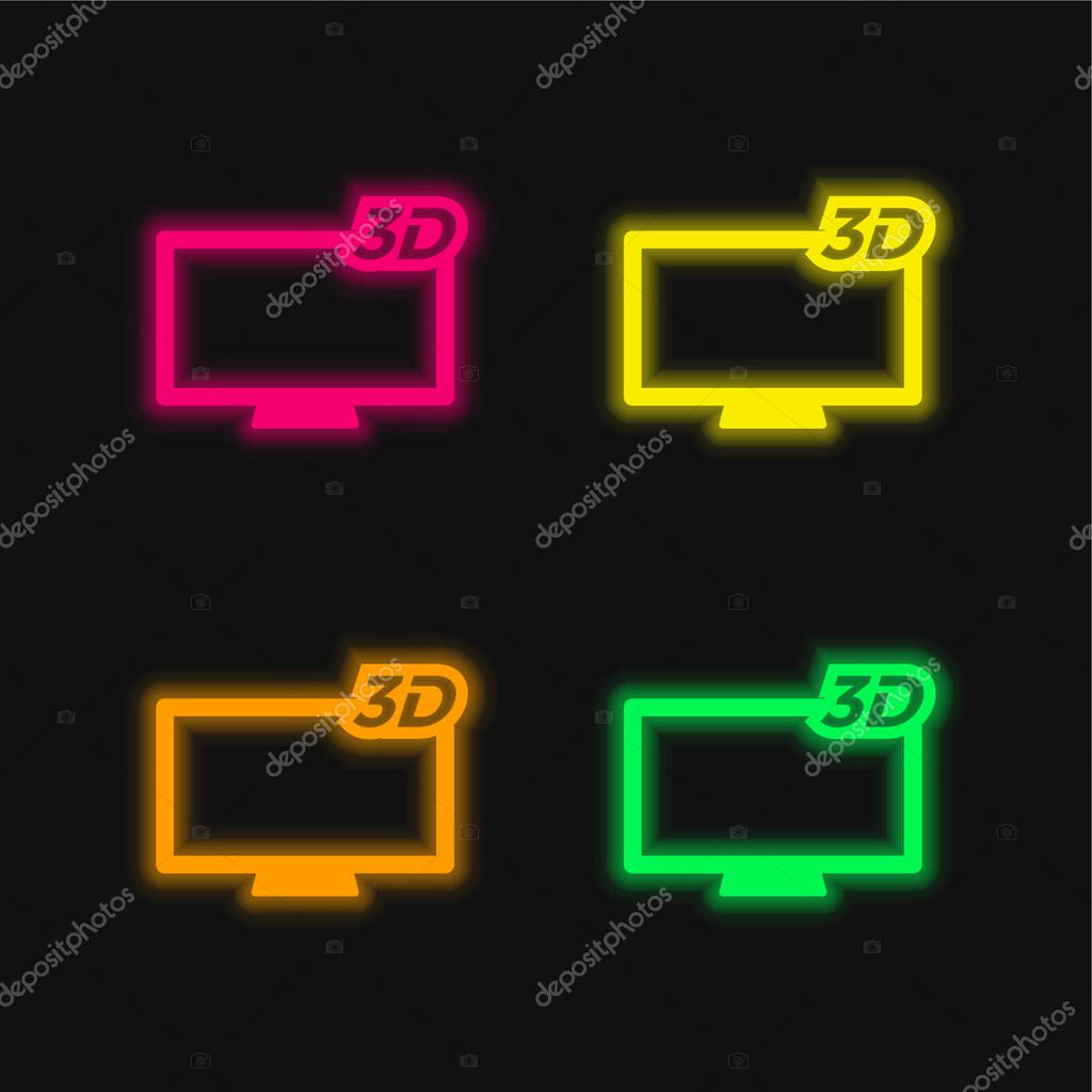 3D Television four color glowing neon vector icon
