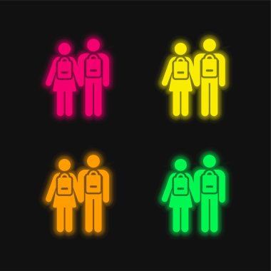 Sırt çantalı dört renkli parlayan neon vektör simgesi