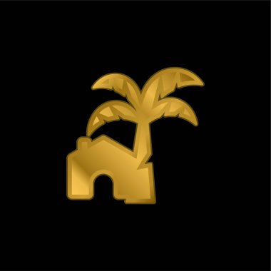 Plaj evi altın kaplamalı metalik simge veya logo vektörü