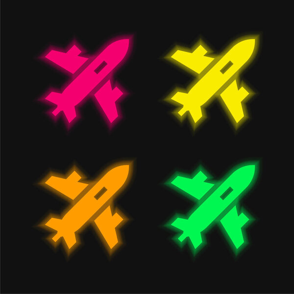 Airplane four color glowing neon vector icon