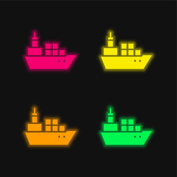 Boat With Containers four color glowing neon vector icon