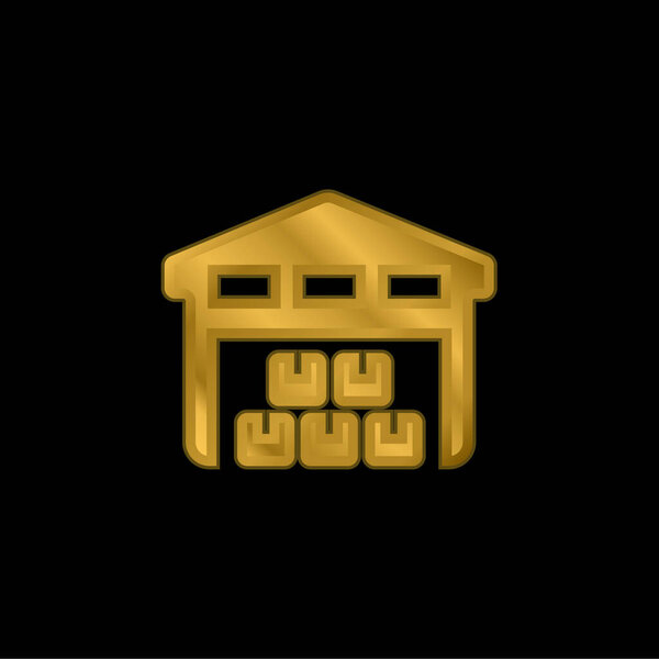 Сваи коробки хранятся в гараже для доставки позолоченной металлической иконки или вектора логотипа