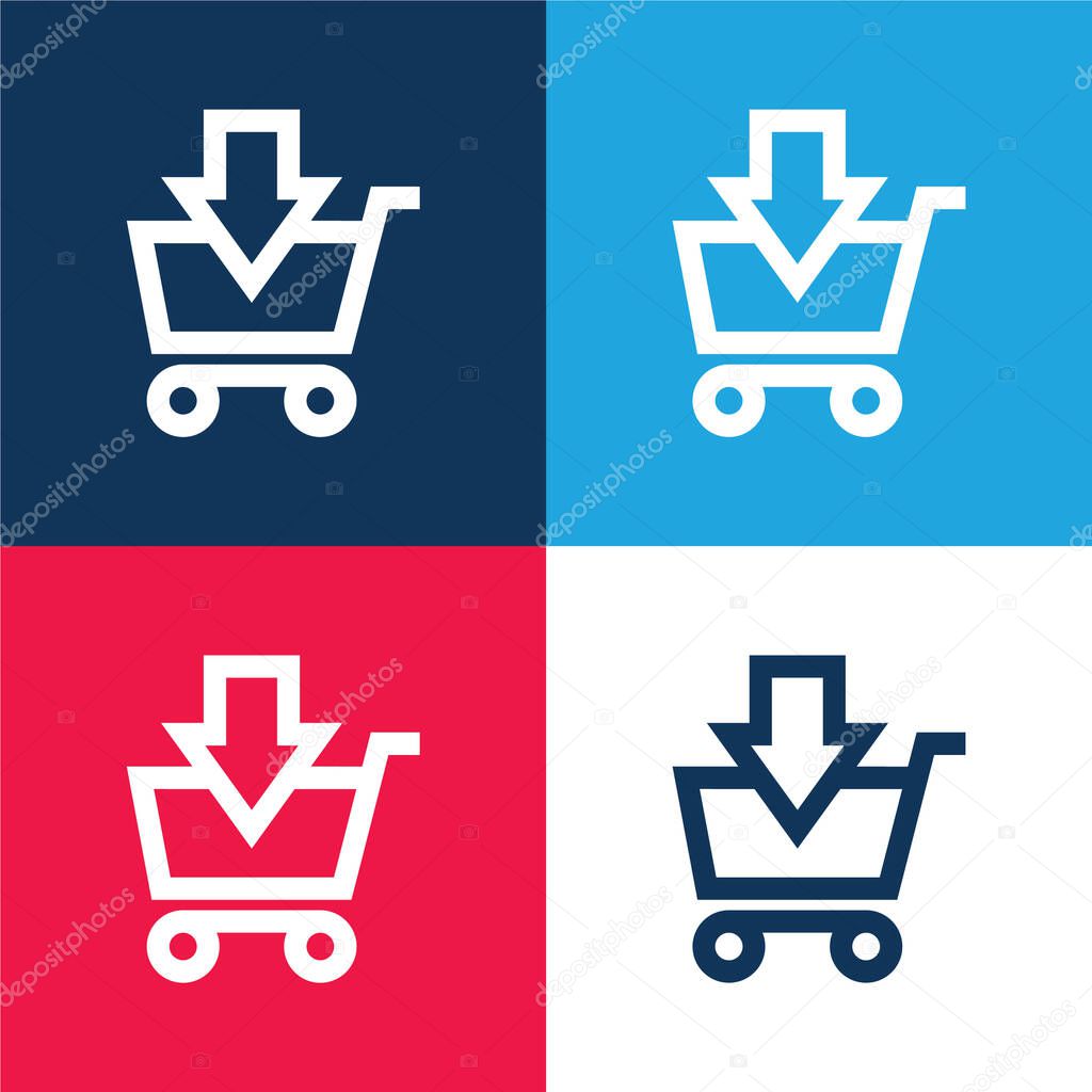 Adding To Shopping Cart E Commerce Button With Down Arrow blue and red four color minimal icon set