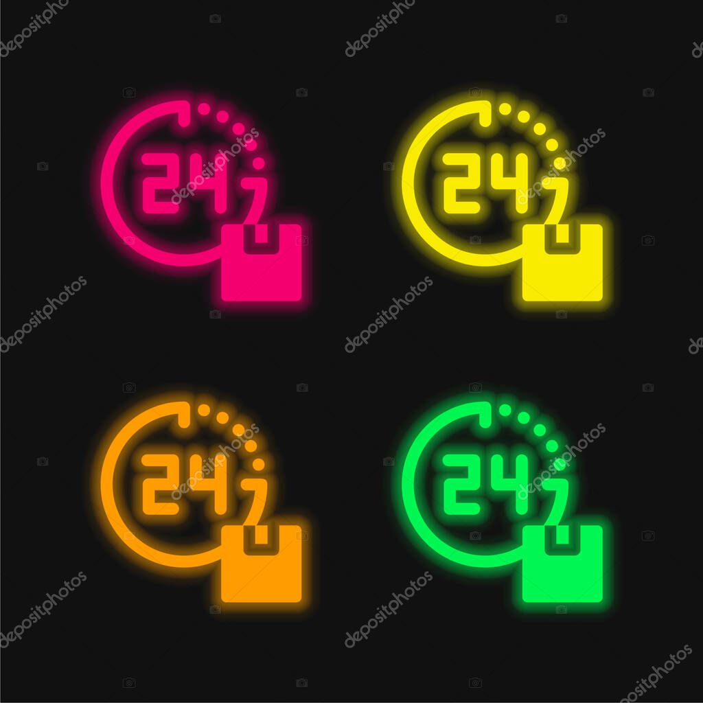 24 Hours Delivery four color glowing neon vector icon