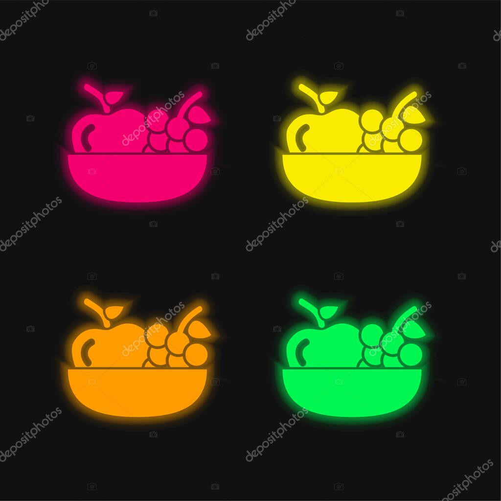 Apple And Grapes On A Bowl four color glowing neon vector icon