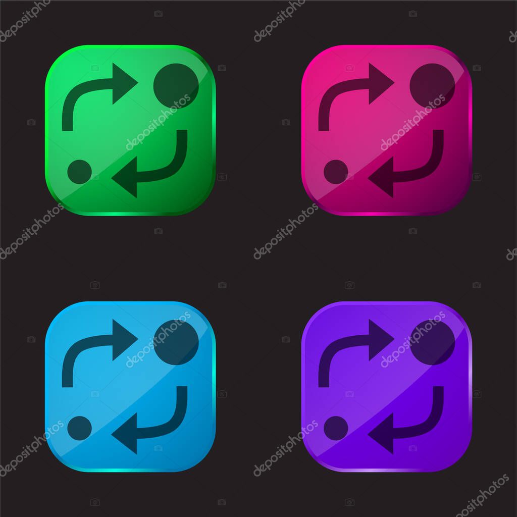 Analytics Symbol Of Two Circles Of Different Sizes With Two Arrows Between Them four color glass button icon