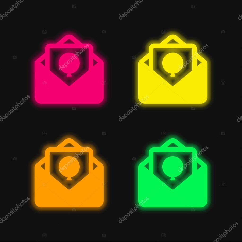 Birthday Card four color glowing neon vector icon
