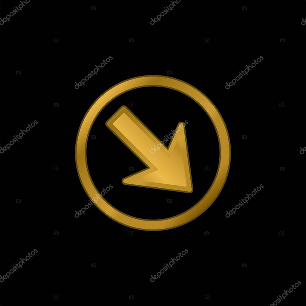 Arrow Pointing Down Right In A Circle gold plated metalic icon or logo vector