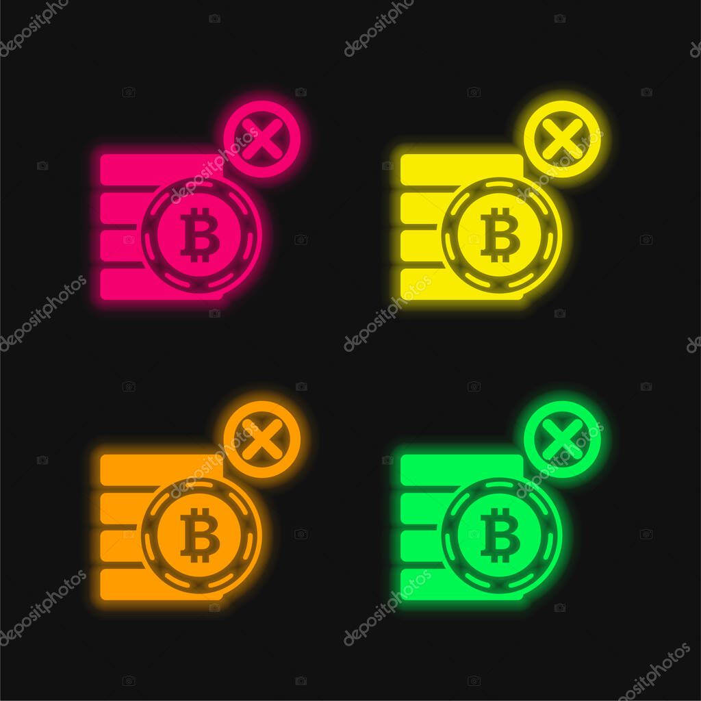Bitcoin Not Accepted Symbol four color glowing neon vector icon