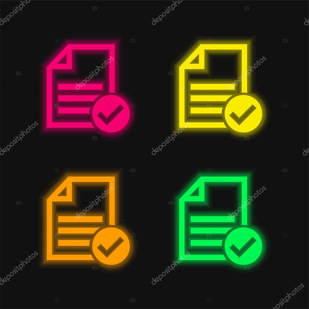 Accept File Or Checklist four color glowing neon vector icon