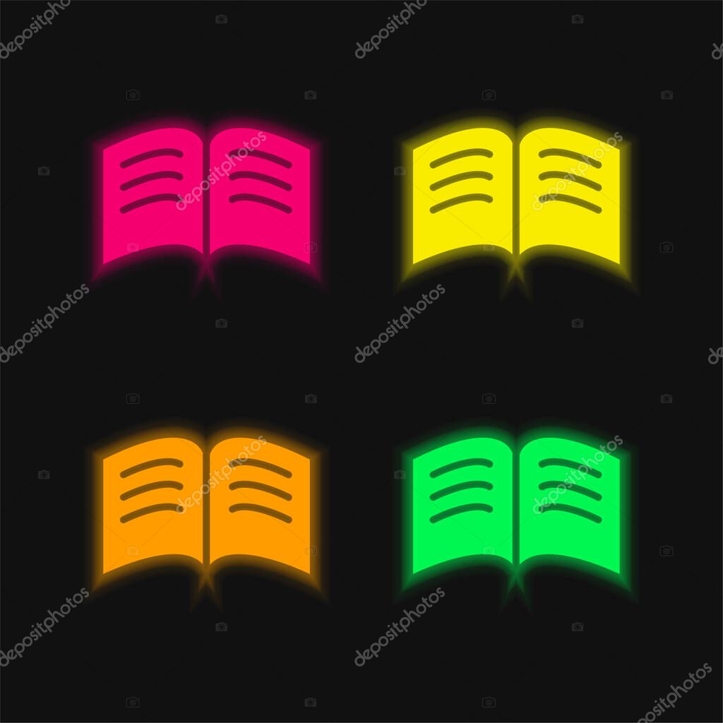 Book Of Black Pages With White Text Lines Opened In The Middle four color glowing neon vector icon