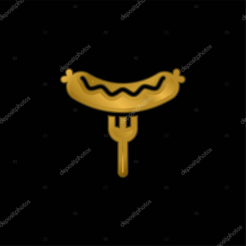 Bratwurst On Fork gold plated metalic icon or logo vector