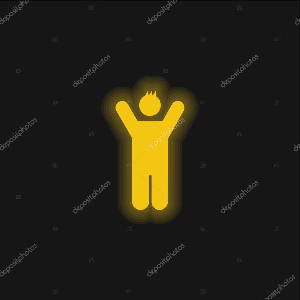 Boy With Rised Arms yellow glowing neon icon