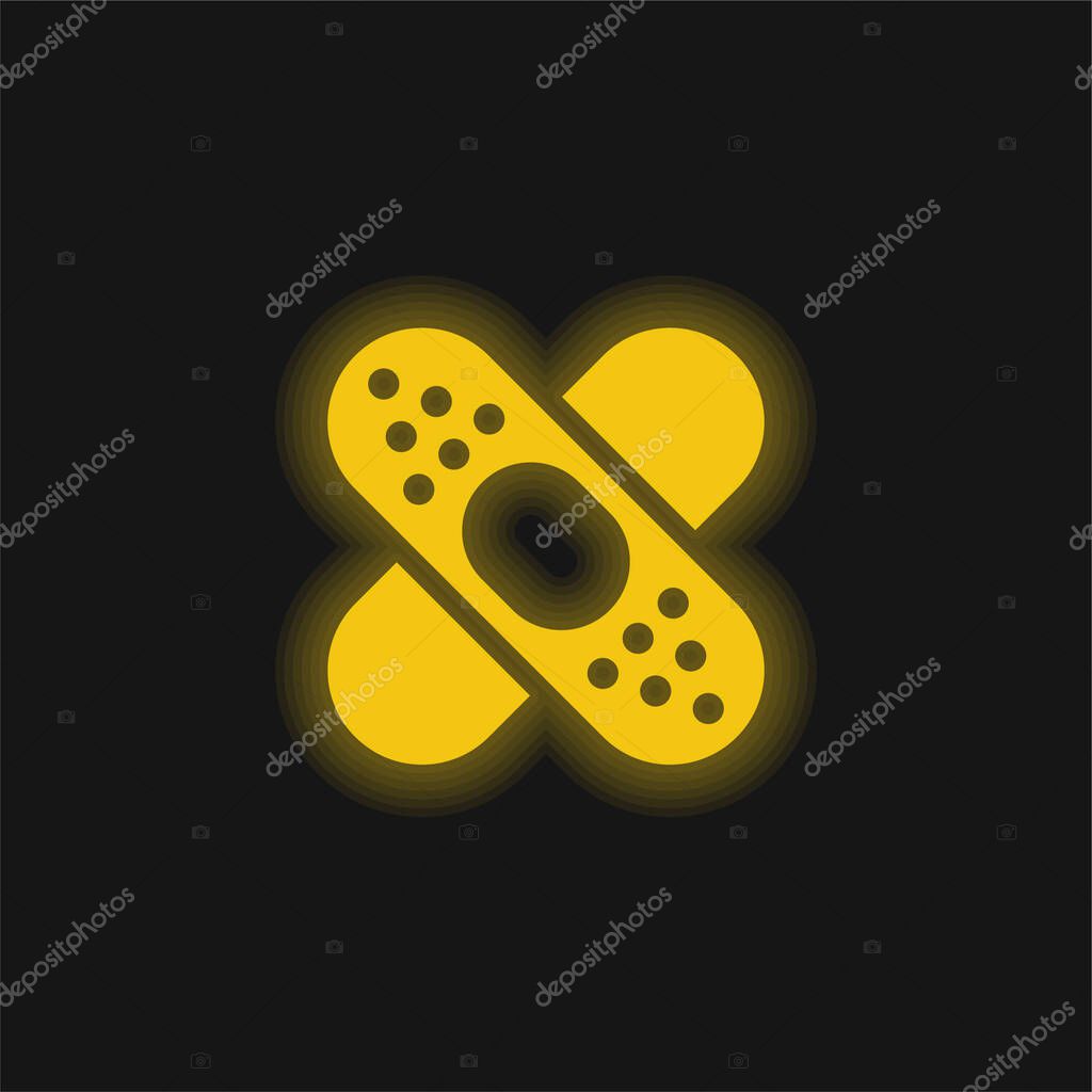 Band Aid Forming A Cross Mark yellow glowing neon icon