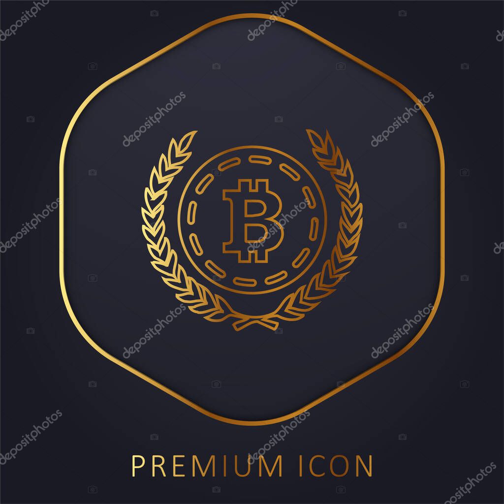 Bitcoin With Olive Leaves At Both Sides golden line premium logo or icon