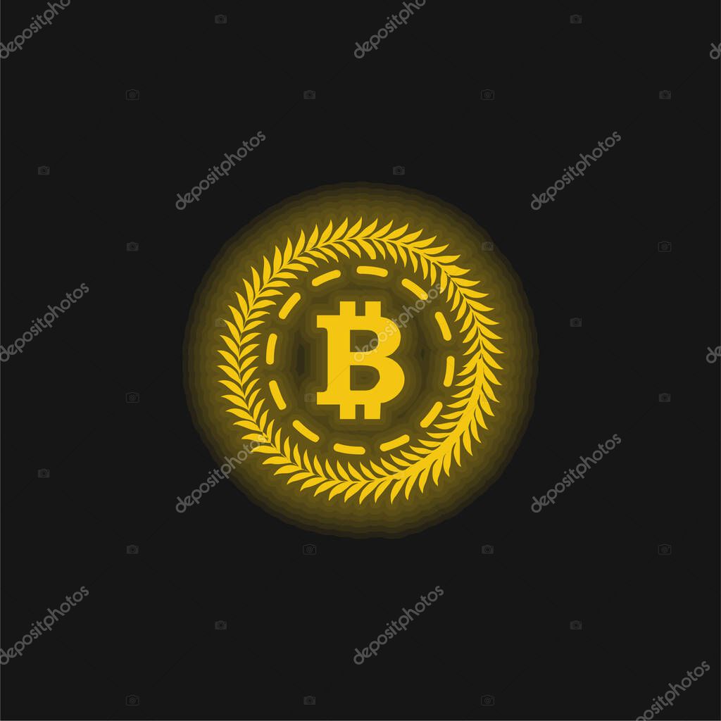 Bitcoin Surrounded By A Circle Of Olive Leaves yellow glowing neon icon