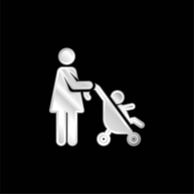 Baby Stroller silver plated metallic icon clipart