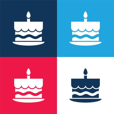 En üstteki mavi ve kırmızıda bir yanan mum ile doğum günü pastası En az dört renk simgesi seti