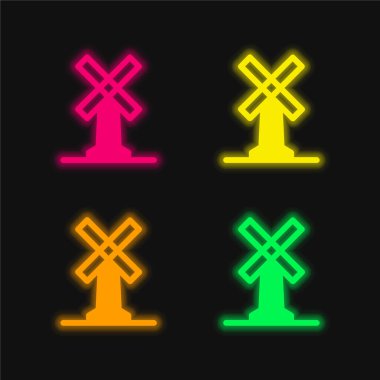 Büyük Yel değirmeni dört renk parlayan neon vektör simgesi