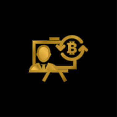 Dairesel Oklarla Bitcoin Sunumu Sembol altın kaplama metalik simge veya logo vektörü